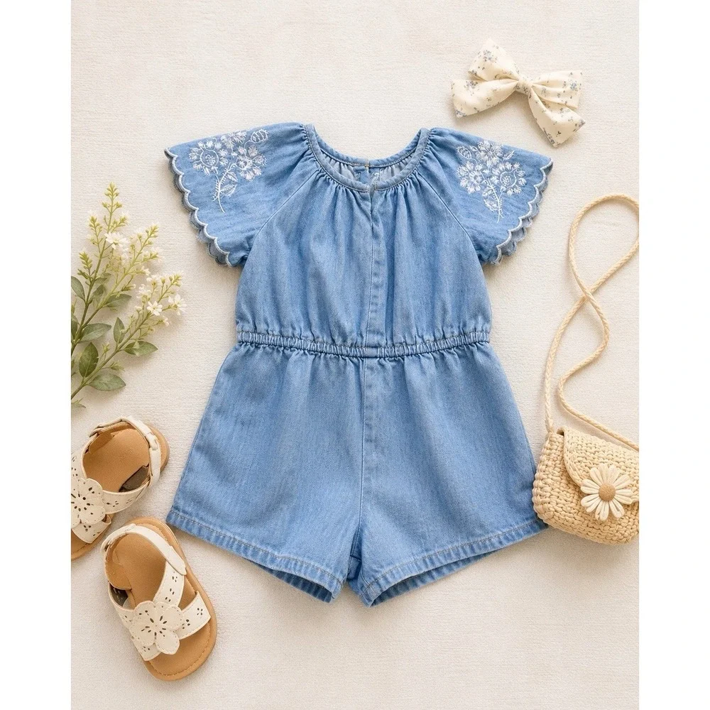 Old Navy Girls Chambray Romper Embroidered Flutter Sleeve 5T Blue